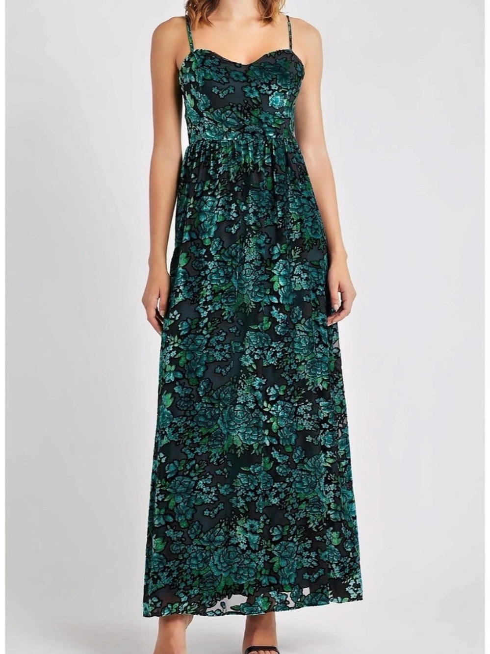 Floral Strappy Maxi Dress in Black & Green Like New